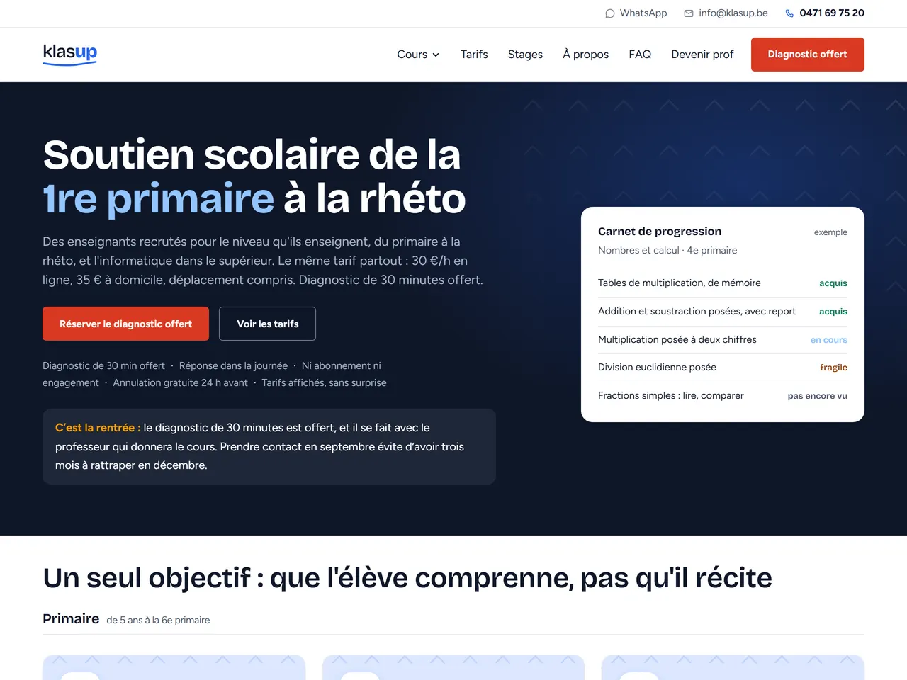 Page d'accueil de Klasup, plateforme de soutien scolaire, avec les tarifs et le carnet de progression
