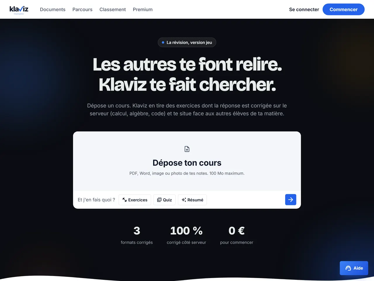 Page d'accueil de Klaviz, avec la zone de dépôt de cours et les formats d'exercices générés